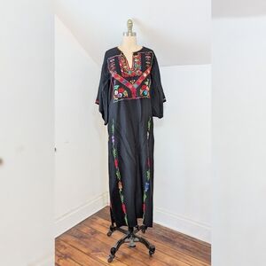 Vintage Black Maxi Dress with Colorful Embroidery